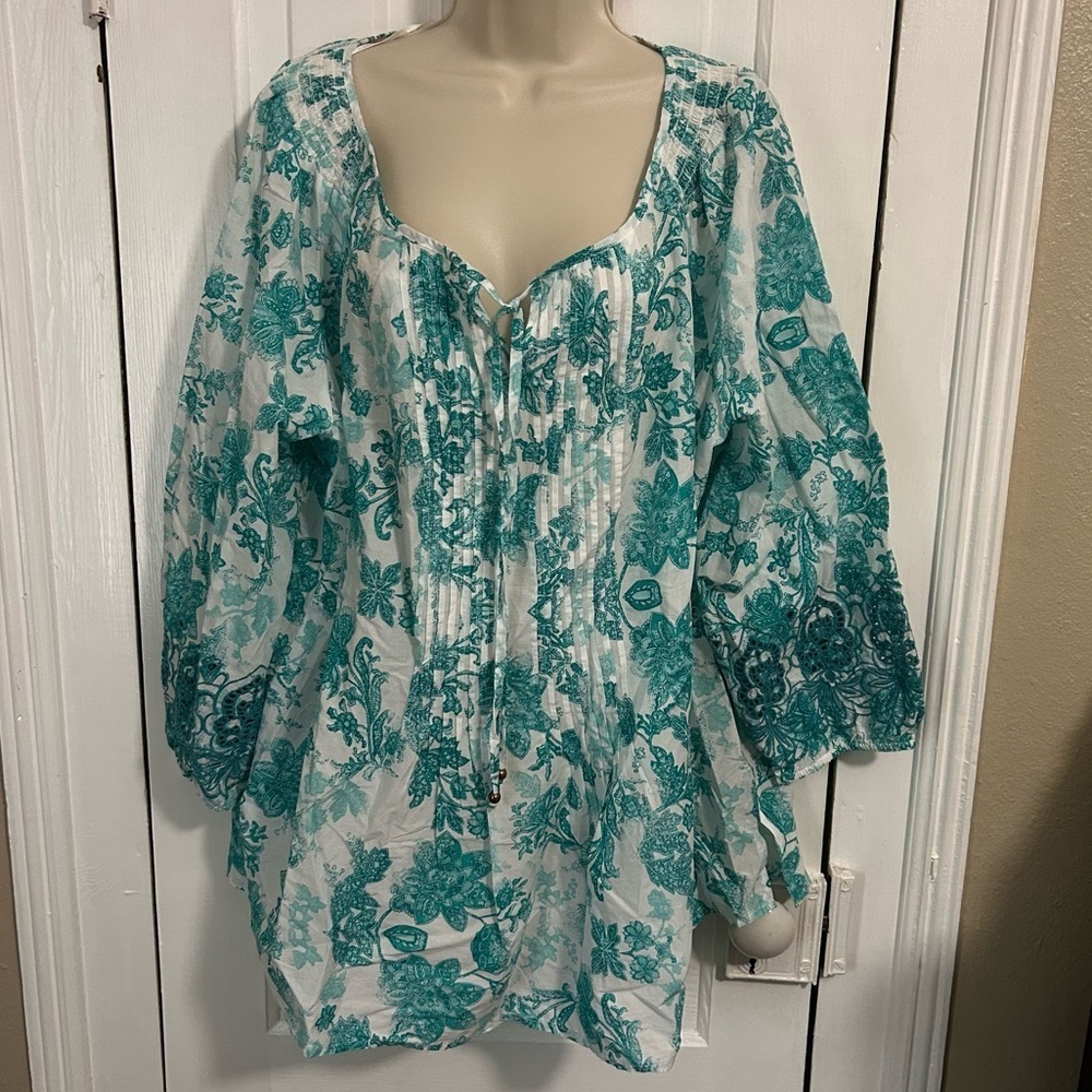 Charter Club Floral Blouse Top Teal Blue White Plus Size 2X S1